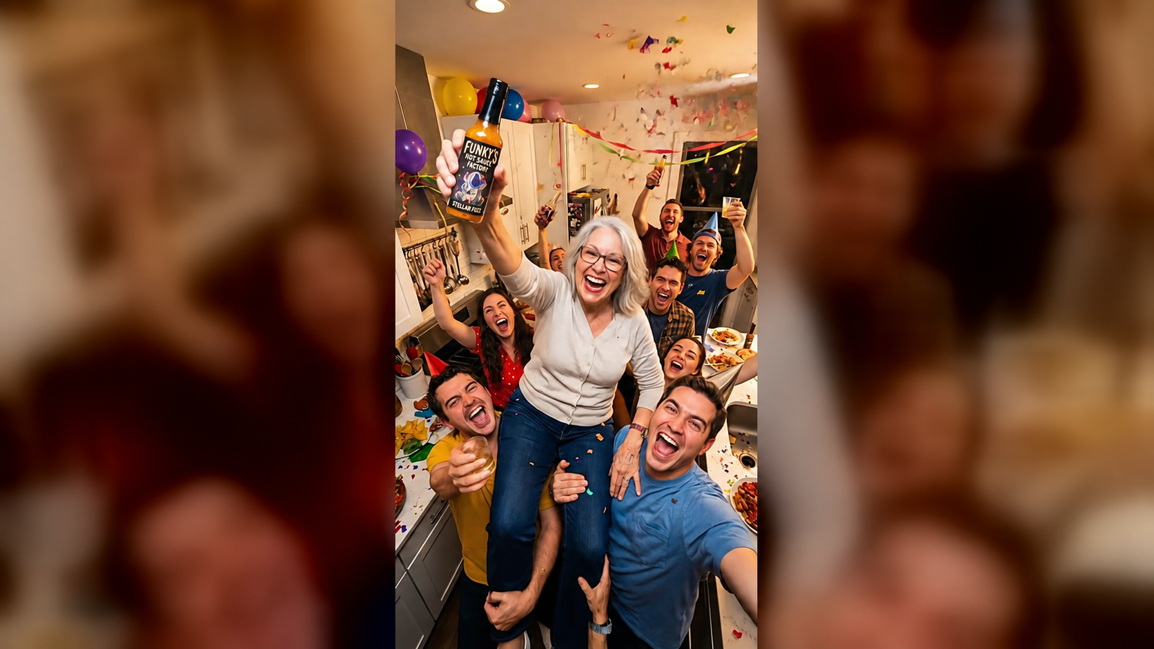 Older woman celebrating while holding a Funky’s Hot Sauce bottle toward the camera