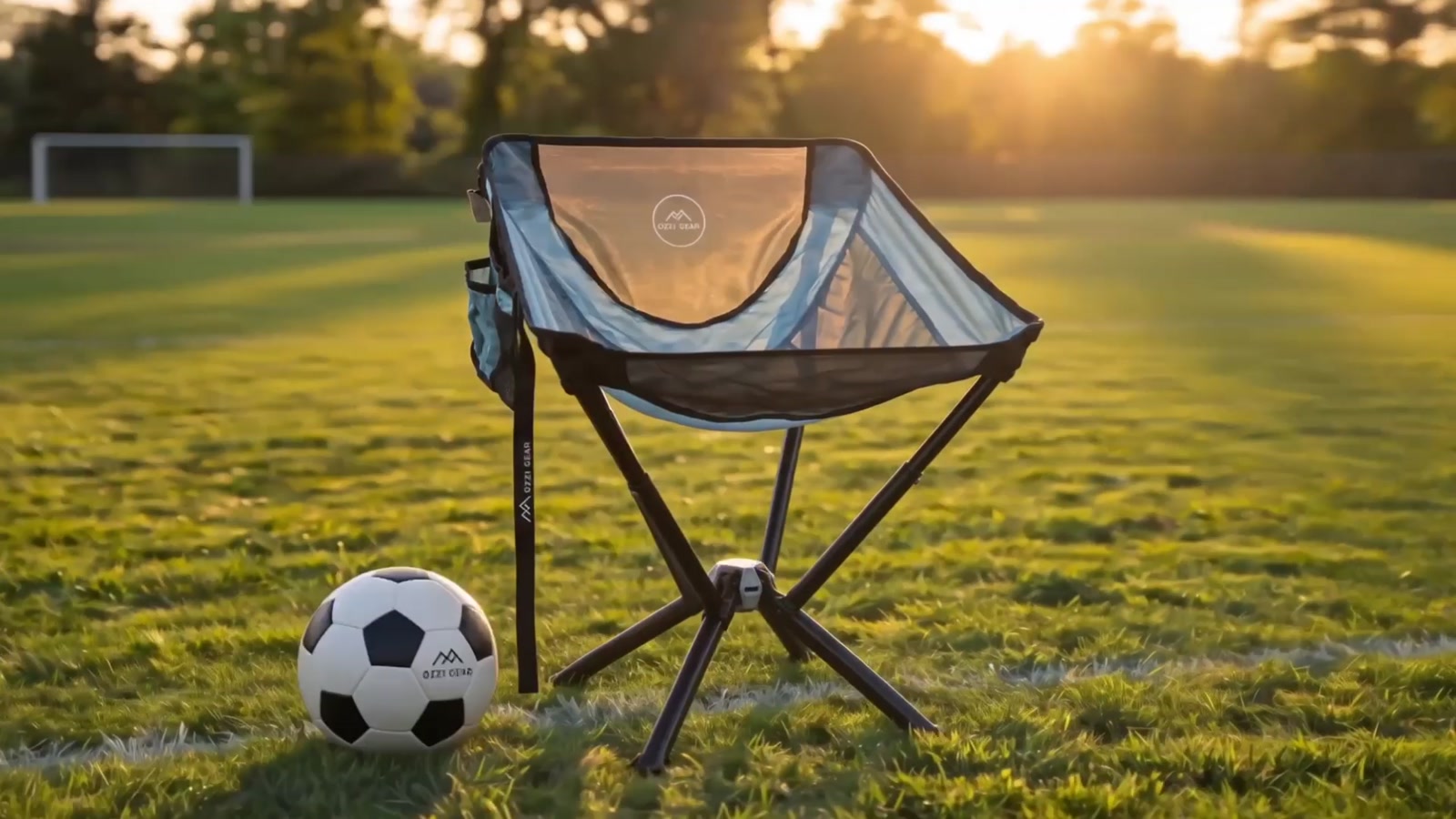 Blue Ozzi Gear chair on a green soccer field